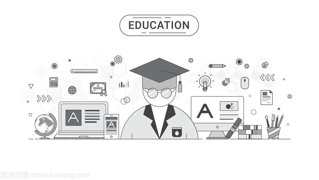 教育信息图表概念。学生和教育图标平线条样式创建的矢量